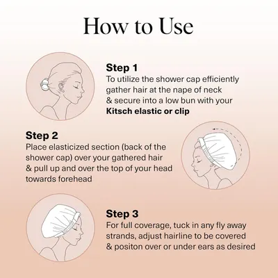 Provides clear step-by-step instructions on how to properly wear and secure a shower cap, helping shoppers understand the correct usage method.