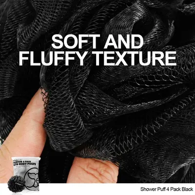 Highlights the soft, fluffy texture of the shower puffs to communicate comfort and quality, reassuring shoppers of a luxurious bathing experience.