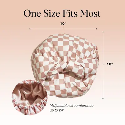 Communicates the physical dimensions of the product (10 inches by 10 inches) and reassures shoppers that it fits most head sizes with an adjustable circumference up to 24 inches.