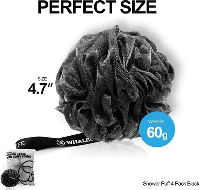 Communicates the physical dimensions and weight of the shower puff to help shoppers understand its size and portability.