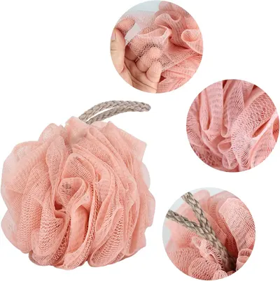 Highlights the physical construction and material details of the bath sponge, showing the mesh texture, soft material quality, and durable braided handle to reassure shoppers of quality and…