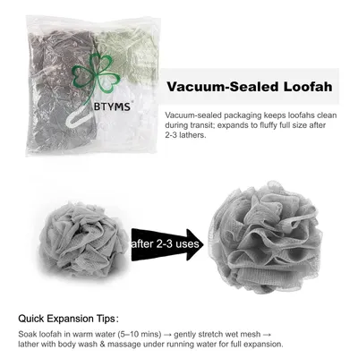 Explains how to expand the vacuum-sealed loofah to full size and demonstrates the transformation from compressed to fluffy after 2-3 uses, reassuring shoppers about the product's functionality and…