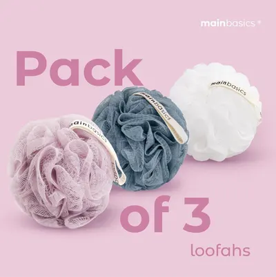 Communicates that the customer receives three loofahs in different colors (pink, blue, white) when purchasing this product, emphasizing value and variety.
