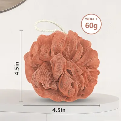 Communicates the exact physical size (4.5 inches) and weight (60g) of the bath loofah to help shoppers understand its portability and ease of handling.