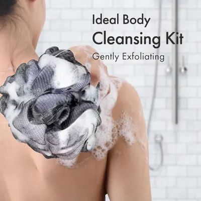 Demonstrates the product being used in its natural environment (shower) to help shoppers visualize how the cleansing kit fits into their daily routine.