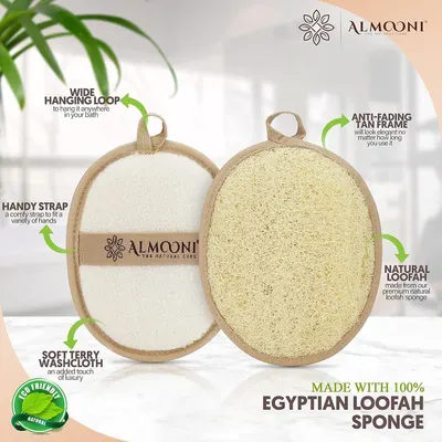 This image breaks down the physical components and materials of the loofah sponge product, highlighting its construction features like the hanging loop, frame durability, hand strap, natural loofah…