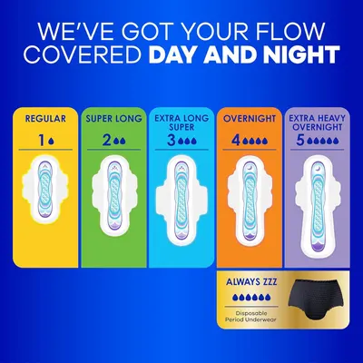 Helps shoppers choose the right pad from the brand's product lineup by showing all available absorbency options (Regular through Extra Heavy Overnight) plus disposable period underwear, making it…