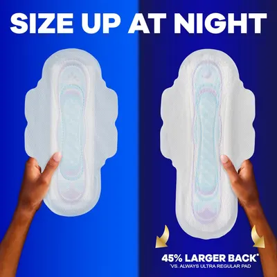 Communicates the quantifiable size advantage of this pad compared to a competitor's regular pad, emphasizing superior nighttime protection through increased back coverage. Visually demonstrates the…