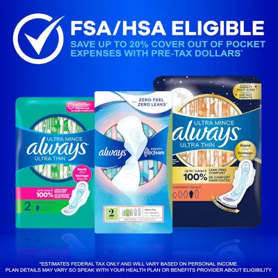 Communicates that Always products are FSA/HSA eligible with tax savings benefits, while showcasing the brand's product lineup to help shoppers understand their options.