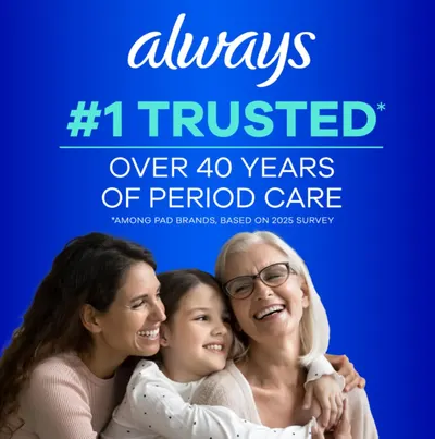 Communicates the brand's long-standing reputation and trustworthiness in the period care category, building emotional connection and credibility with shoppers through heritage messaging and…