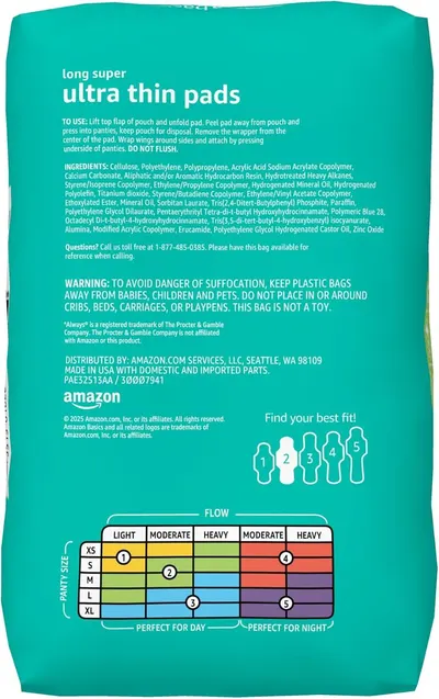 Helps shoppers navigate the brand's product line by showing sizing options (1-5) and a flow chart to match panty size and absorbency level to their needs.