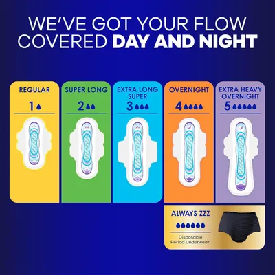 Helps shoppers choose the right pad from the brand's product lineup by showing all available absorbency options from Regular to Extra Heavy Overnight, plus disposable period underwear.
