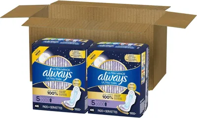 Shows the customer they will receive two boxes of Always Ultra Thin pads in a bulk shipping box, communicating value and quantity for subscription or bulk purchase.
