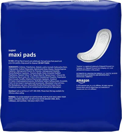 This image provides comprehensive product information including how to use the maxi pads, detailed ingredients, safety warnings, and a visual representation of the product to inform and reassure…