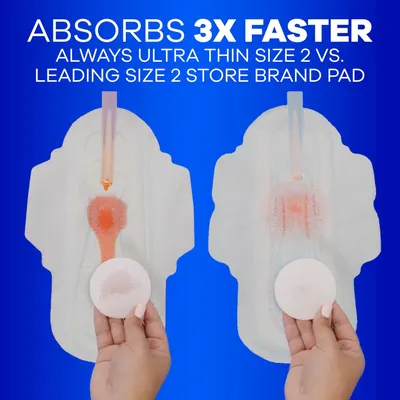 Demonstrates that this product absorbs 3X faster than a leading competitor's store brand pad through a side-by-side visual comparison, proving superior performance and effectiveness. Highlights the…