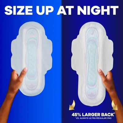 Demonstrates that this pad offers 45% more back coverage at night compared to Always Ultra Regular Pad, reassuring shoppers of superior protection and leak prevention. Highlights the quantifiable…