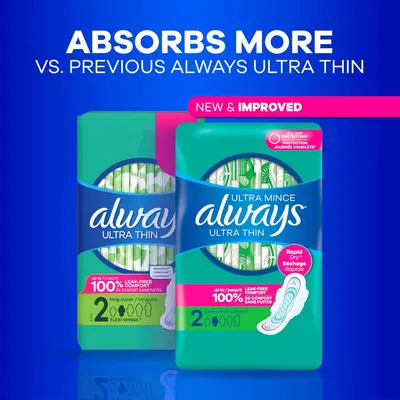 Demonstrates that the new and improved Always Ultra Thin product absorbs more than the previous version, reassuring shoppers of enhanced performance and protection. Highlights the key benefit of…