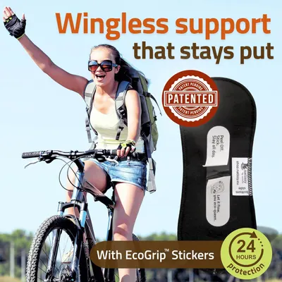 Communicates multiple key benefits of the product including its patented wingless support design, 24-hour protection duration, and eco-friendly sticker technology to reassure shoppers of its…