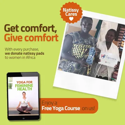 Communicates the brand's social mission and values by highlighting their charitable donation program (Natissy Cares) and free yoga course inclusion, building emotional connection and brand trust…