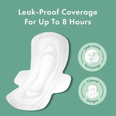 Communicates the product's performance capability of providing leak-proof coverage for up to 8 hours, reassuring shoppers about its effectiveness and reliability. Highlights the specific structural…