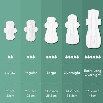 Helps shoppers choose the right pad size from the brand's product lineup by showing all available size options with corresponding absorbency levels and dimensions.