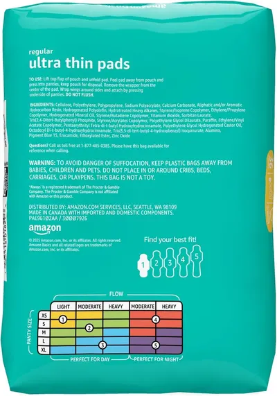 This image provides multiple pieces of information to help shoppers: usage instructions, a sizing guide with numbered pad options, and a flow/size chart to match their needs with the right product…