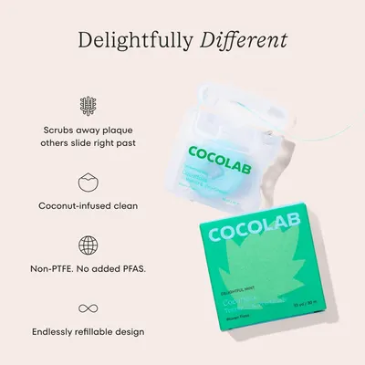 Communicates multiple distinct benefits of the dental floss product in a segmented layout with icons, highlighting effectiveness, natural ingredients, safety, and sustainability to appeal to…