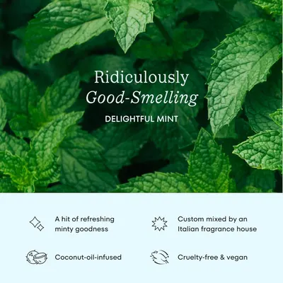 Communicates multiple selling benefits of the product including its delightful mint fragrance, premium Italian formulation, coconut oil ingredient, and ethical cruelty-free/vegan credentials to…