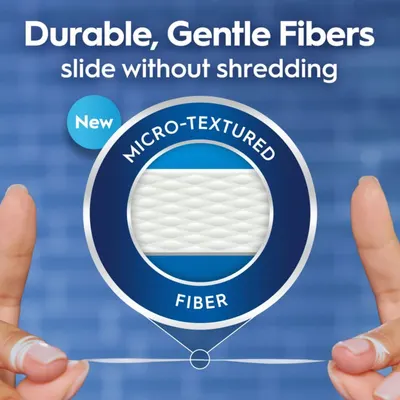 Highlights the product's micro-textured fiber material to demonstrate durability and gentle performance that resists shredding during use. Communicates the key benefit that the fibers are both…