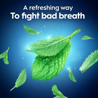 Communicates that the product provides a refreshing solution to bad breath, using mint imagery to convey freshness and effectiveness.