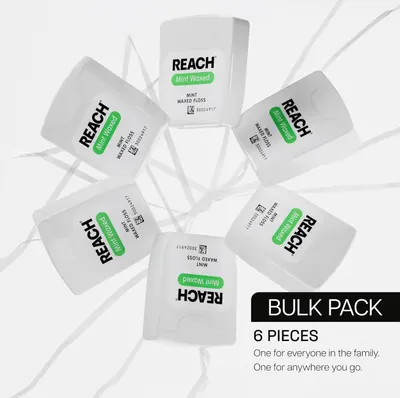 Shows the customer they will receive 6 pieces of REACH Mint Waxed floss in the bulk pack, emphasizing value and convenience for family use or portability.