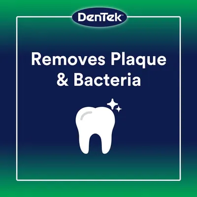 Communicates the primary cleaning benefit of the DenTek product, reassuring shoppers that it effectively removes plaque and bacteria for better oral hygiene.