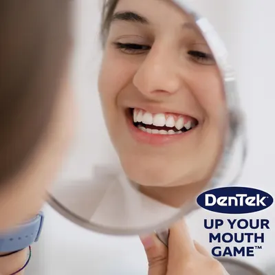 Establishes brand recognition and emotional connection through the DenTek logo and tagline, positioning the brand as a confident choice for oral care.