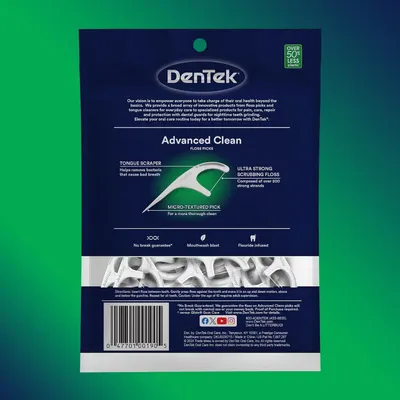 Breaks down the physical components of the floss pick to show shoppers what each part does—tongue scraper for bacteria removal, strong floss strands for cleaning, and micro-textured pick for…