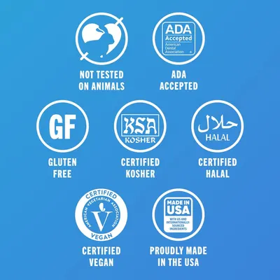 Communicates multiple safety, ethical, and quality certifications to reassure shoppers about the product's compliance with dietary, religious, ethical, and professional standards.