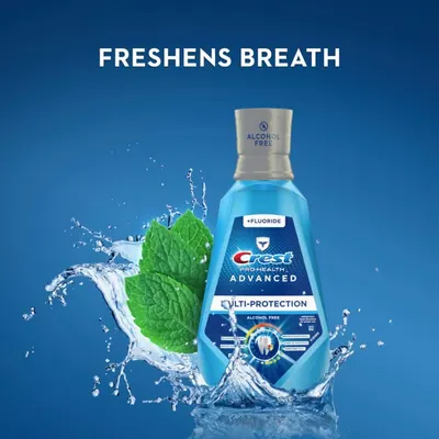 Communicates the primary benefit of the mouthwash—freshening breath—through a clean, simple visual with one headline and product shot enhanced by fresh mint imagery.