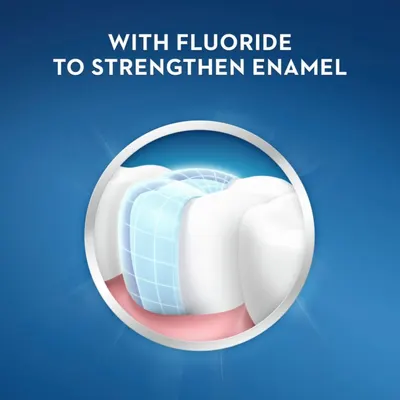 Communicates that the product contains fluoride to strengthen tooth enamel, reassuring shoppers about the dental health benefits of the product.