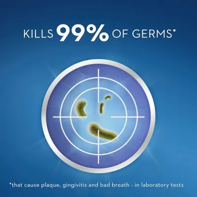 Communicates the product's effectiveness with a bold quantifiable claim (99% germ elimination) to reassure shoppers of its antibacterial performance. Highlights the core benefit of killing germs…