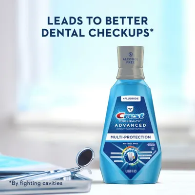 Communicates that using this mouthwash leads to better dental checkups by fighting cavities, reassuring shoppers of its oral health benefits.
