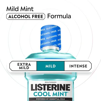 Communicates multiple product benefits including the alcohol-free formula, mild mint flavor option, and the ability to choose intensity level, reassuring shoppers who want a gentler mouthwash…