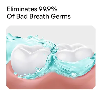 Communicates the product's effectiveness at eliminating bad breath germs using a bold quantifiable claim to build confidence in the product's performance. Highlights the primary benefit of…