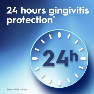 Communicates the duration of protection the product provides, emphasizing its long-lasting effectiveness against gingivitis to reassure shoppers of its performance. Highlights the key benefit of…