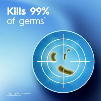 Communicates the product's powerful antibacterial performance with a bold percentage claim to reassure shoppers of its effectiveness against germs that cause plaque, gingivitis, and bad breath.…