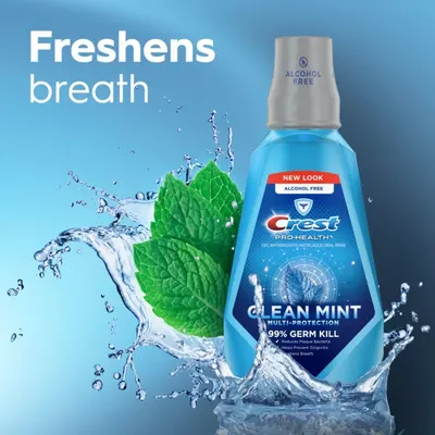 Communicates multiple key benefits of the mouthwash including breath freshening, germ-killing efficacy, alcohol-free formula, and multi-protection capabilities to appeal to health-conscious shoppers.