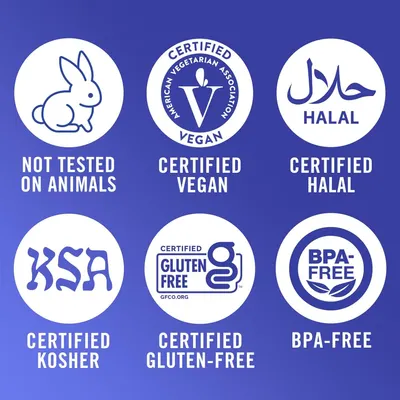 Communicates multiple safety, dietary, and ethical certifications to reassure shoppers that the product meets various lifestyle, religious, and health standards. Highlights six distinct product…