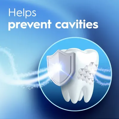 Communicates that the product helps prevent cavities, using a protective shield icon and tooth visual to reassure shoppers of its dental health benefits.