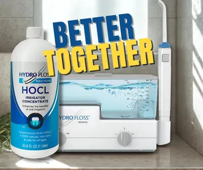 Shows the customer everything included in the purchase: the Hydro Floss irrigator device and the HOCL irrigator concentrate solution, emphasizing they work better together.