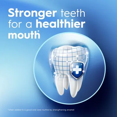 Communicates that the product strengthens tooth enamel and promotes overall oral health, reassuring shoppers of its protective dental benefits.