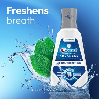 Communicates the primary benefit of fresh breath using a clean, visually simple layout with one continuous scene featuring the product, mint leaf imagery, and water splash to reinforce freshness.