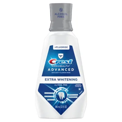 Provides a clean, catalog-style view of the Crest mouthwash bottle to show the product packaging and branding clearly without distractions.